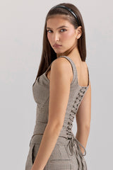 Brown Puppytooth Boned Corset Top