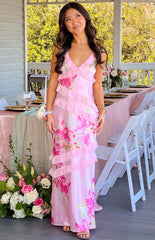 Inara Pink Floral Print Ruffle Maxi Dress