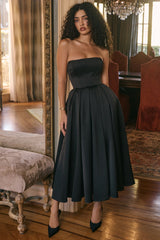 Black Strapless Satin Corset Midi Dress