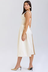Vintage Cream Satin Pleated Midi Dress