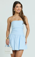 Donatella Mini Dress - Strapless Drop Waist Dress in Blue