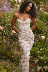 Cream Rose Print Mesh Maxi Dress