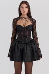 Black Lace Puffball Mini Dress
