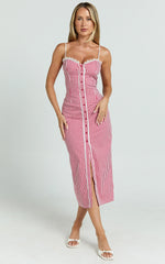 Anessa Midi Dress - Button Front Bustier Fitted Dress in Red Gingham