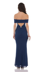 Mesh Shell Off Shoulder Maxi Dress in Navy