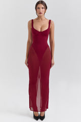 Wine Stretch Mesh Maxi Dress