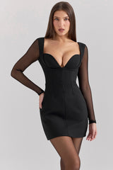 Black Stretch Crepe Plunge Mini Dress