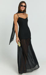 Calvin Maxi Dress - Linen Look Contrast Georgette Skirt with Neck Scarf in Black