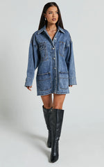 Harlow Jacket - Oversized Long Sleeve Denim Jacket in Mid Blue Wash