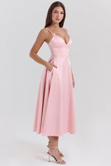 Parisian Pink Satin A-Line Midi Dress