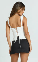 Libby Top - Lattice Back Sweetheart Lace Neckline Top in White