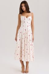 White Stretch Cotton Rose Print Midi Sundress