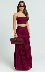 Rowan Two Piece Set - Square Neck Crop Top and High Waist Pleated Skirt Set in Wine