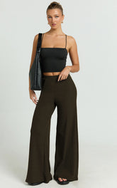 Amalthea Pants - High Waisted Jersey Rib Wide Leg Pants in Chocolate