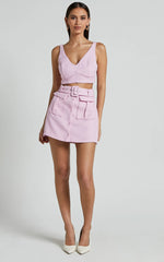 Sarah Two Piece Set - V Neck Crop Top and Belted Utility Mini Skirt in Pale Pink