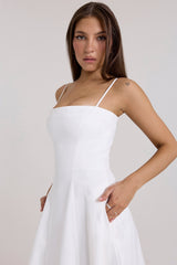 White Stretch Cotton A-Line Midi Sundress