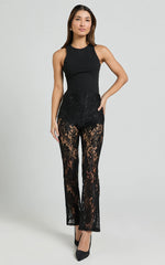 Jaclyn Pants - Mid Waist Lace Straight Leg Pants in Black