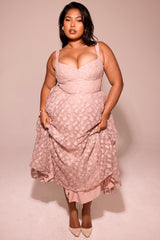 French Rose Jacquard Sweetheart Neckline Midi Dress