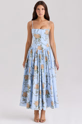 Blue Vintage Rose Print Cotton Midi Sundress