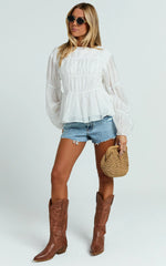 Malou Top - Shirred Long Sleeve Top in White