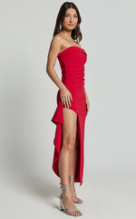 Andrea Midi Dress - Strapless Ruffle Dress in Red