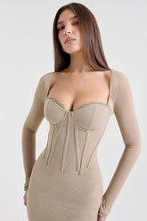 Beige Mesh Long Sleeve Bodycon Midi Dress