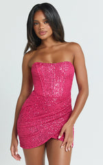 Akhira Mini Dress - Corset Detail Strapless Sequin Dress in Pink