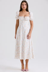 White Posy Print Cotton Puff Sleeve Midi Sundress