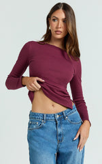 Alyse Top - Ribbed Long Sleeve Ruched Top in Wine