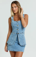 Raquel Top - Denim Scoop Neck Button Down Vest in Mid Blue Wash