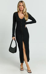 Zayla Midi Dress - Long Sleeve Button Front Bodycon Dress in Black