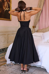 Black Twill Halter Midi Dress