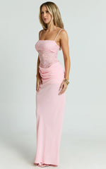 Rania Maxi Dress - Contrast Lace Bodice Bias Cowl Drop Waist Dress in Pink