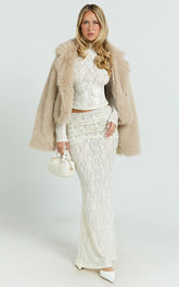 Kathleen Maxi Skirt - Mid Rise Ruched Wide Band Fishtail Jersey Skirt in Cream