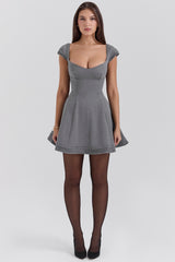 French Grey Fitted Mini Dress With Voluminous Skirt