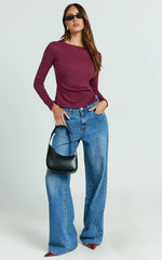 Alyse Top - Ribbed Long Sleeve Ruched Top in Wine