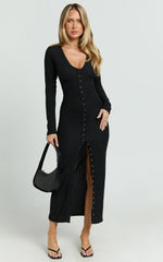 Zayla Midi Dress - Long Sleeve Button Front Bodycon Dress in Black