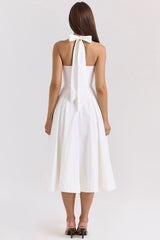 White Stretch Cotton Halter Midi Sundress