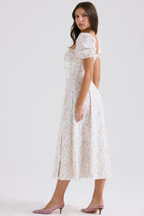 White Posy Print Cotton Puff Sleeve Midi Sundress