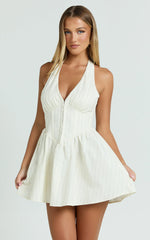 Raina Mini Dress - Halterneck Corset Waist Gathered Skirt Dress in Cream