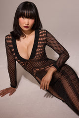 Black Plunge Open Knit Midi Dress