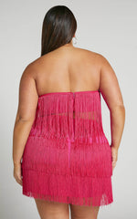 Siofra Two Piece Set - Fringe Crop Top and Mini Skirt Set in Hot Pink