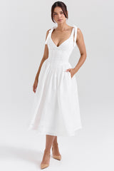 White Pin Tuck Cotton Midi Sundress