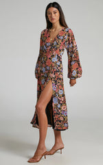 Henny Midi Dress - Long Sleeve Split Dress in Dusk Floral