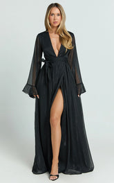 Dangerous Woman Maxi Dress - Plunge Thigh Split Dress in Black