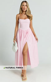 Morris Midi Dress - Linen Scoop Neck Gathered Dress in Pink