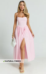Morris Midi Dress - Linen Scoop Neck Gathered Dress in Pink