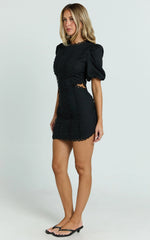 Laila Mini Linen Blend Dress - High Neck Side Cut Out Puff Sleeve Straight Dress in Black