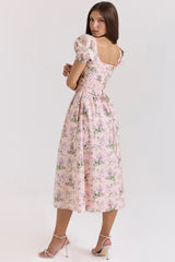 Pink Ribbon Print Cotton Midi Dress