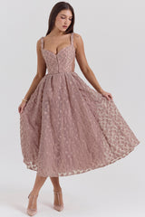 French Rose Jacquard Sweetheart Neckline Midi Dress
